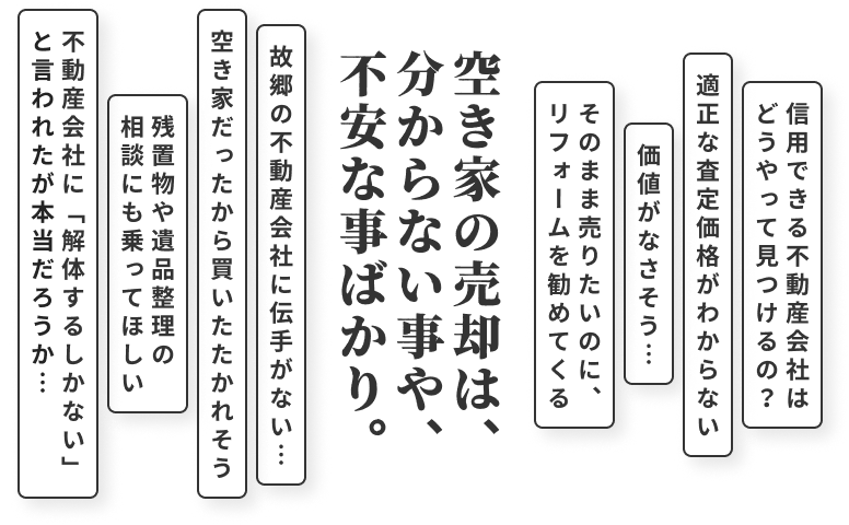 空き家の売却は、わからない事や、不安な事ばかり。
